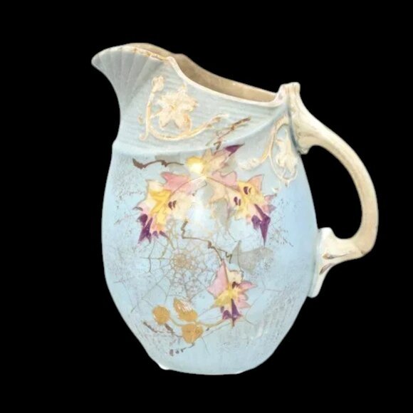 Vintage Hand Painted Pitcher Leaf & Web Design Blue Purple Yellow Tan Gold - Picture 1 of 8